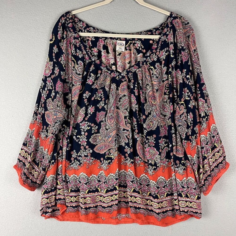 Bila‎ Paisley Top Womens XXL 2XL V Neck 3/4 Sleeve Colorful Boho Peasant Relaxed